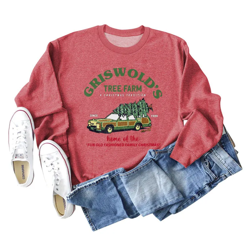 GRISWOLD'S TREE FARM Letter Christmas Loose Sweater Long Sleeve Woman