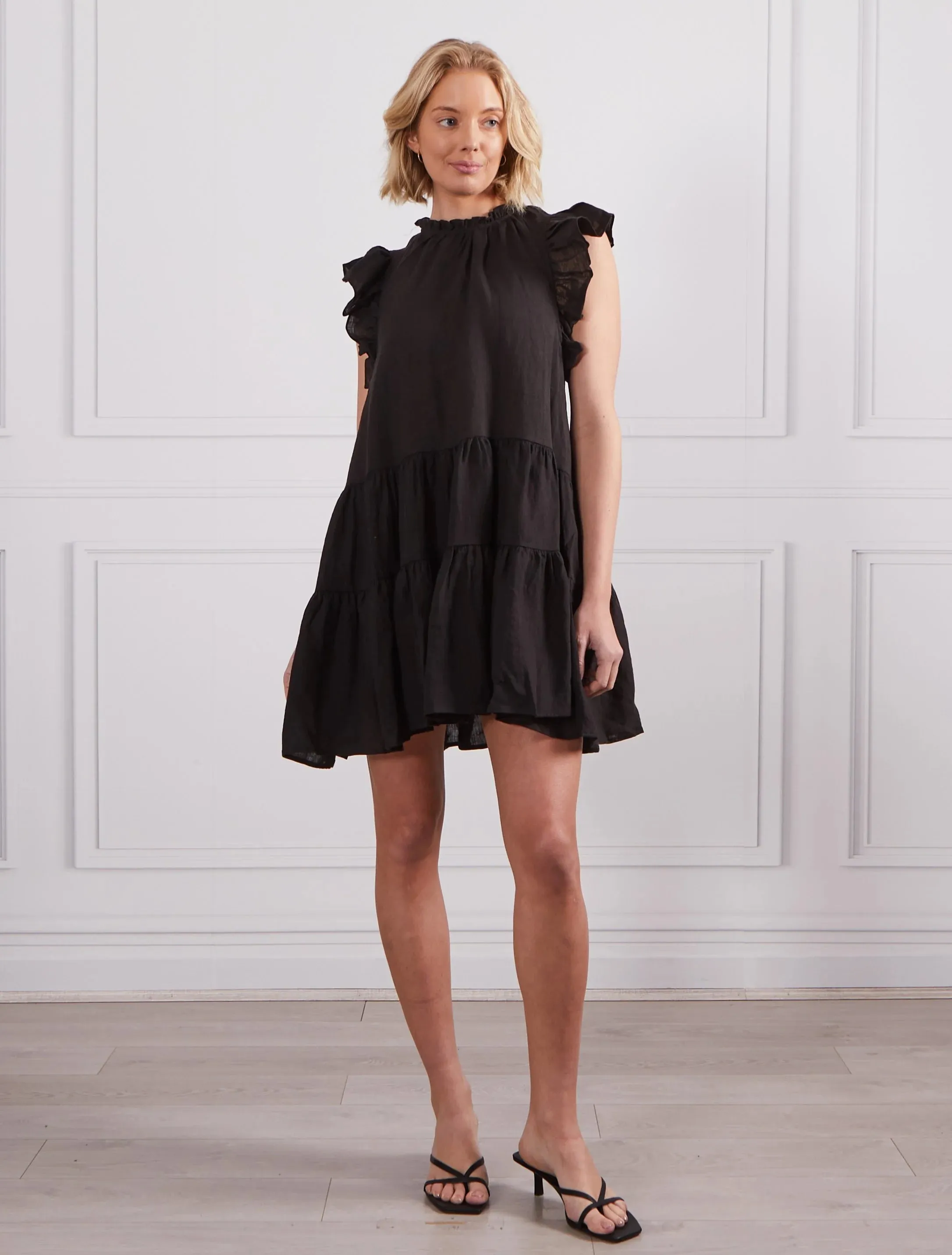 Jada Frill Sleeve Linen Dress - Black