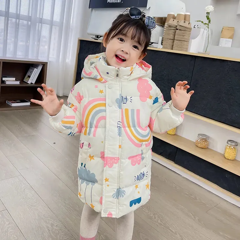 Kids Girls Boys Rainbow Print Down Hooded Jacket
