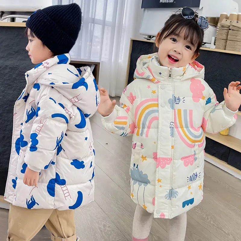 Kids Girls Boys Rainbow Print Down Hooded Jacket