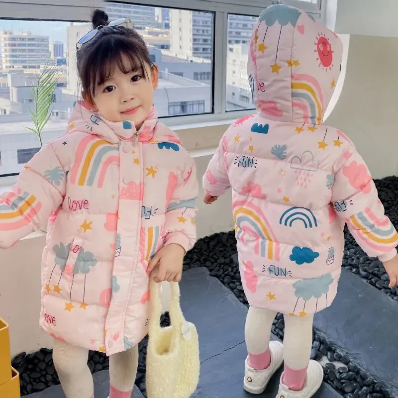 Kids Girls Boys Rainbow Print Down Hooded Jacket