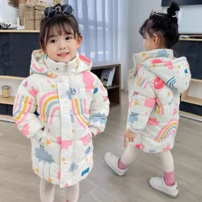 Kids Girls Boys Rainbow Print Down Hooded Jacket