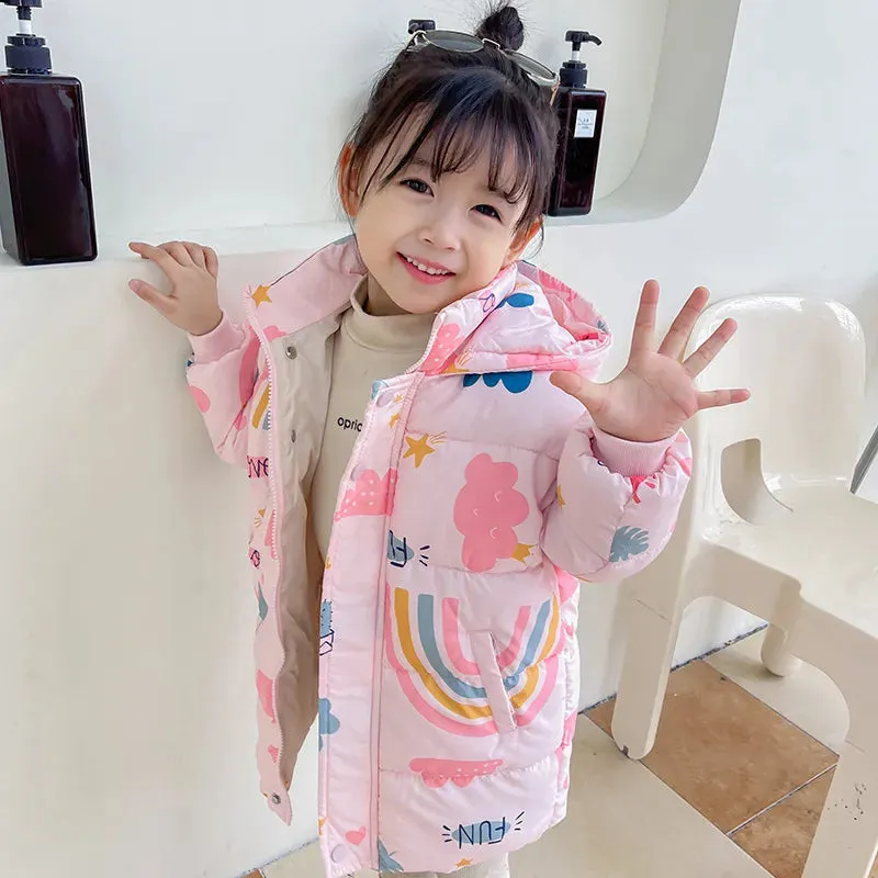 Kids Girls Boys Rainbow Print Down Hooded Jacket