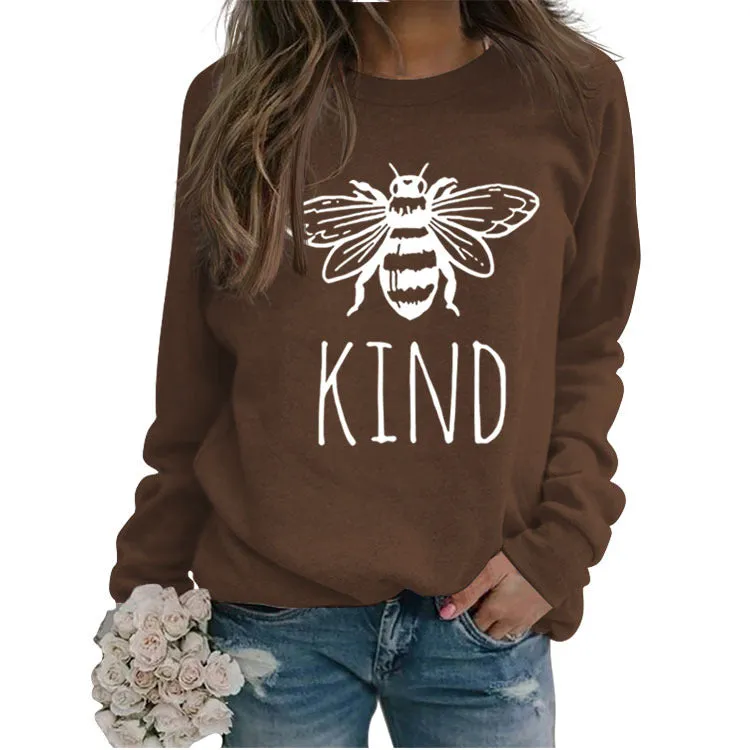 Kind Bee Alphabet Printing Autumn and Winter Backing Loose Large Long Sleeve Round Neck Sweater (women)