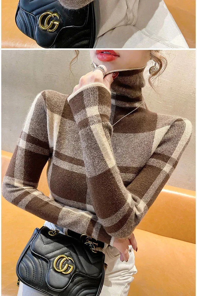 Kyli's Basic Soft Elastic Slim Turtleneck Wool Knitted Sweaters (Vintage Plaid)