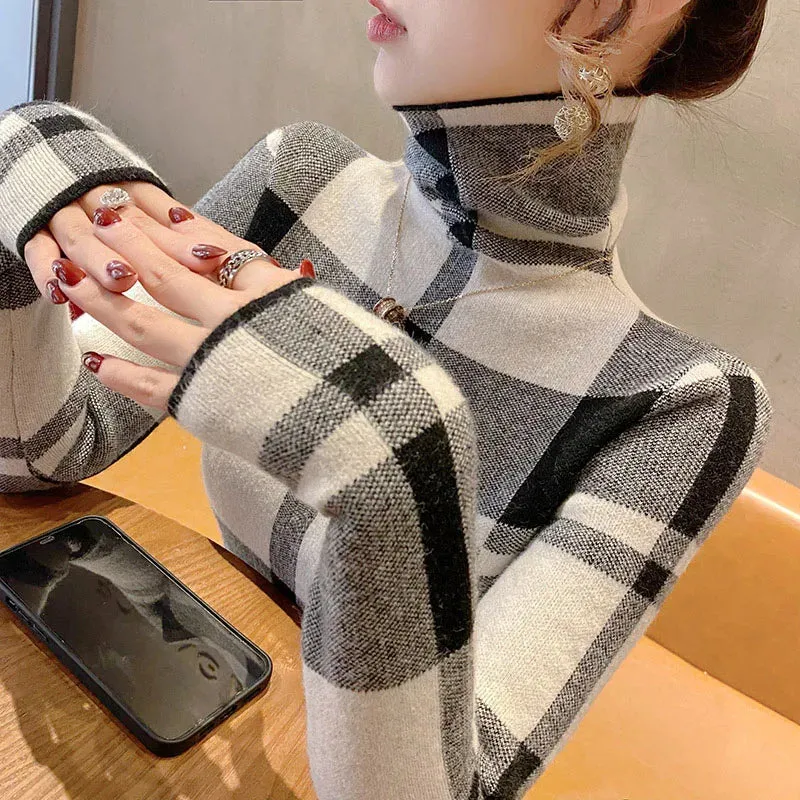 Kyli's Basic Soft Elastic Slim Turtleneck Wool Knitted Sweaters (Vintage Plaid)