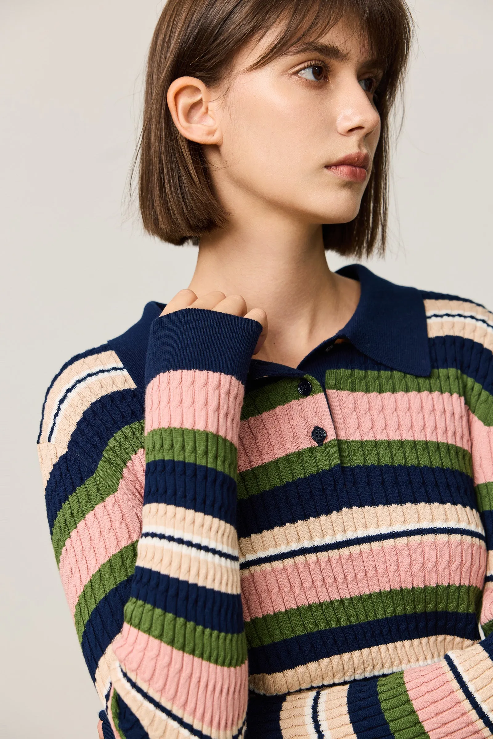 LILY Vintage Contrast Striped Polo Knit Sweater