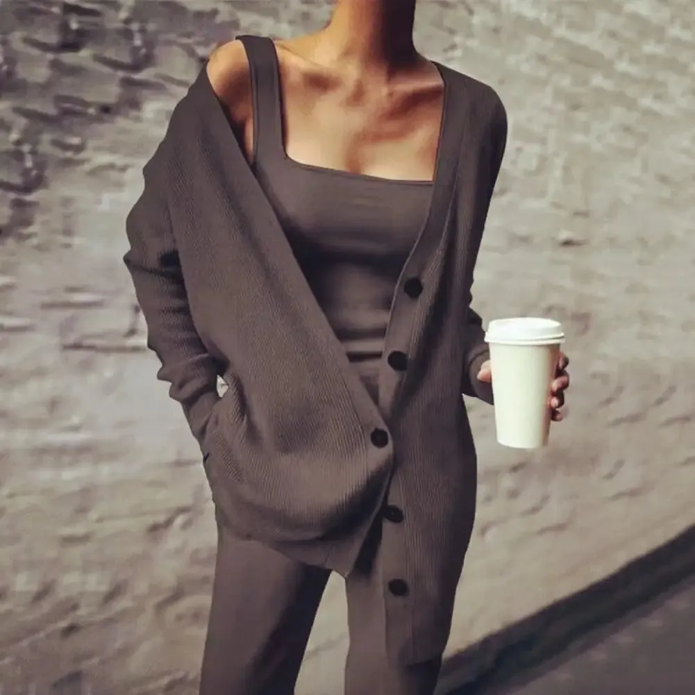 Long Knitted Solid Cardigan Casual 3pc Pantsuits - Ailime Designs