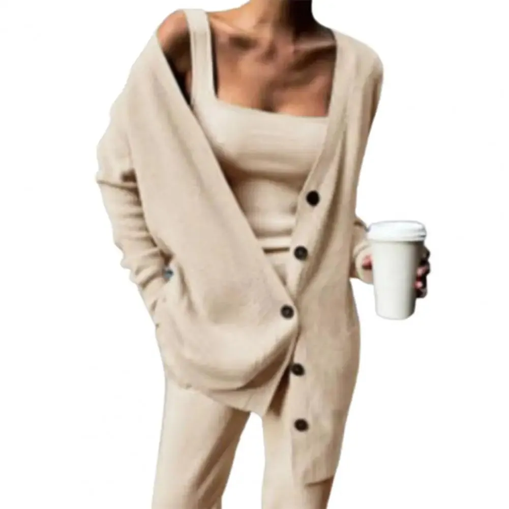 Long Knitted Solid Cardigan Casual 3pc Pantsuits - Ailime Designs