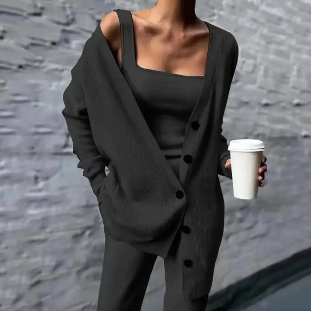 Long Knitted Solid Cardigan Casual 3pc Pantsuits - Ailime Designs