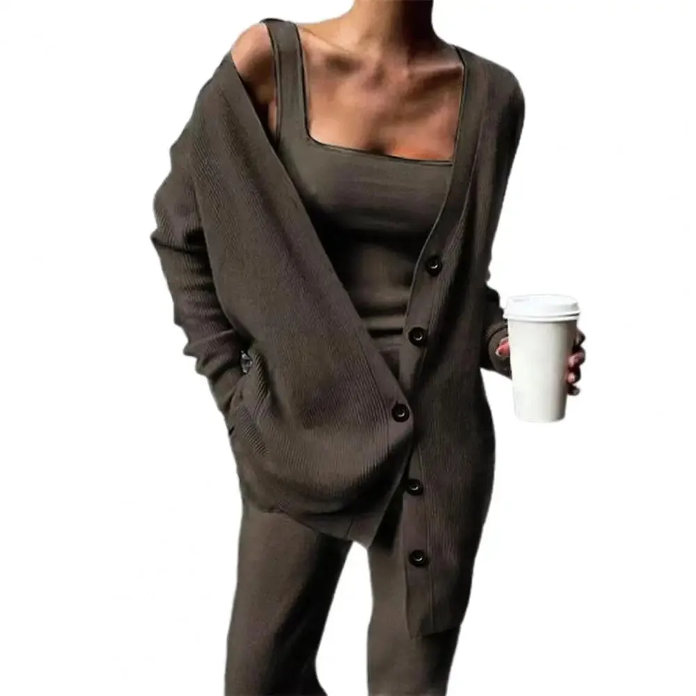 Long Knitted Solid Cardigan Casual 3pc Pantsuits - Ailime Designs