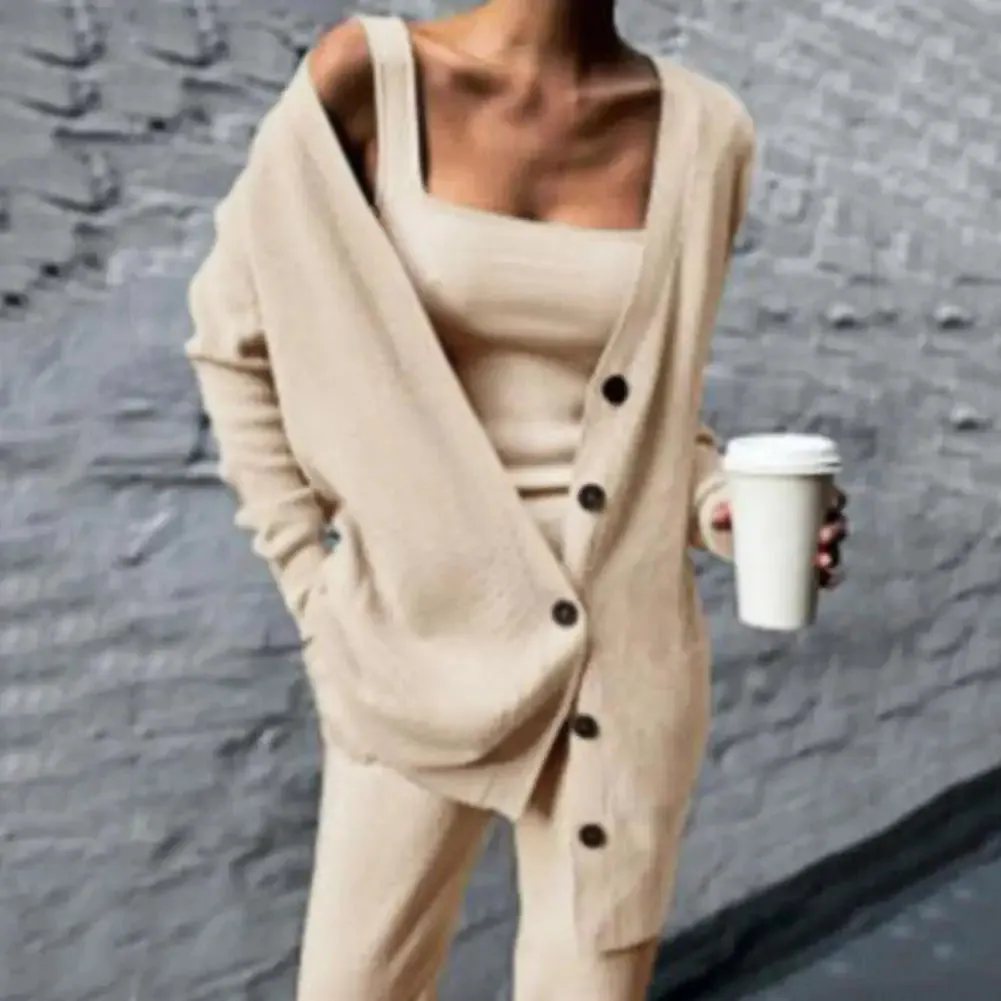 Long Knitted Solid Cardigan Casual 3pc Pantsuits - Ailime Designs