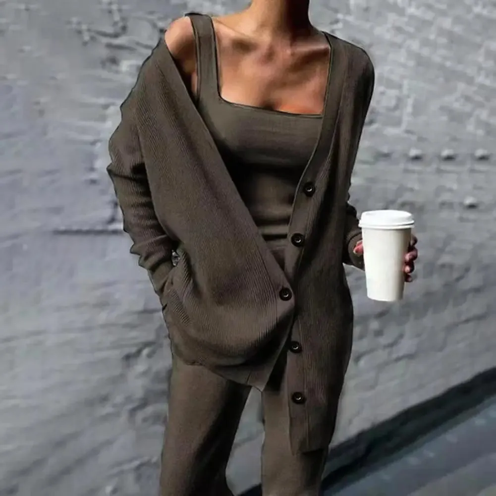 Long Knitted Solid Cardigan Casual 3pc Pantsuits - Ailime Designs