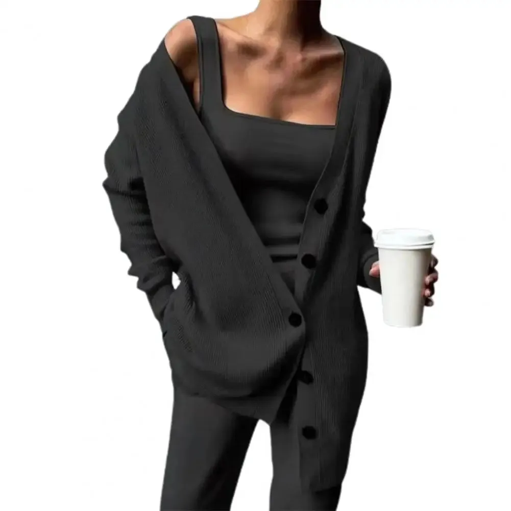 Long Knitted Solid Cardigan Casual 3pc Pantsuits - Ailime Designs