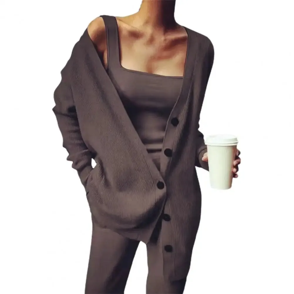Long Knitted Solid Cardigan Casual 3pc Pantsuits - Ailime Designs
