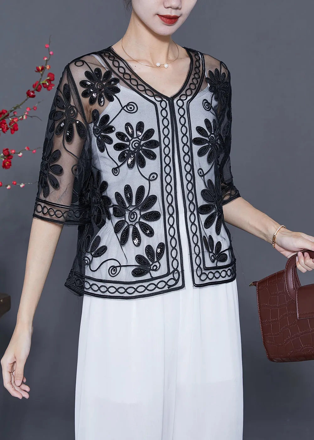 Loose Black Sequins Hollow Out Tulle Cardigan Half Sleeve