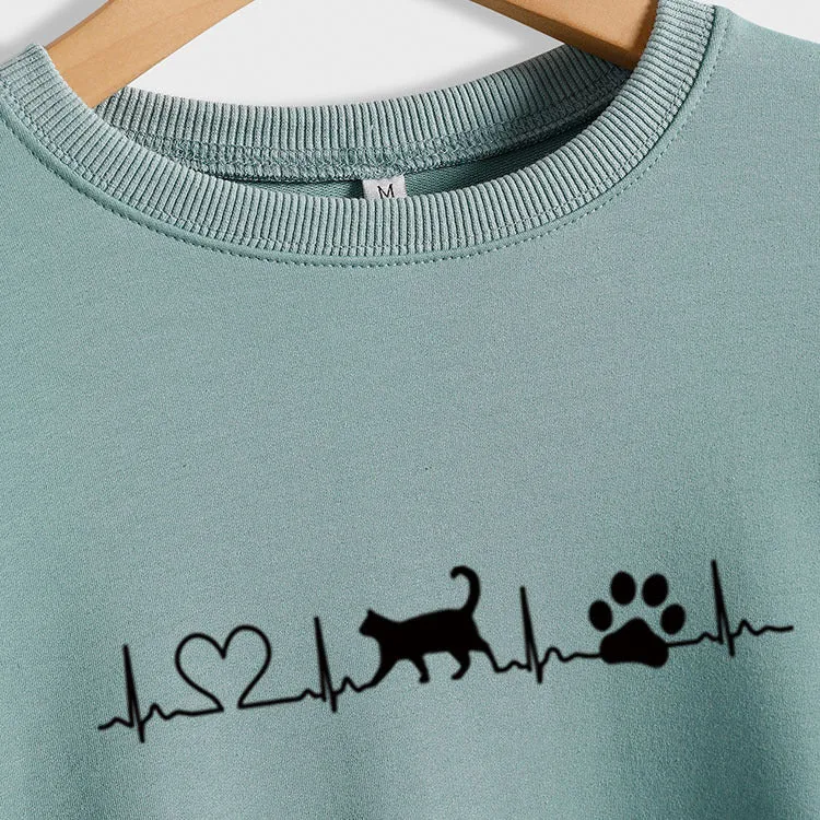 Love Cat Dog Print Round Neck Bottom Long Sleeve Women's Sweatshirt