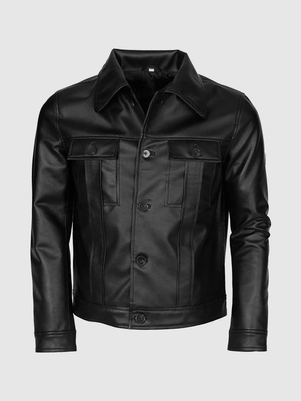 Men Black Leather Jacket with Folded Collar