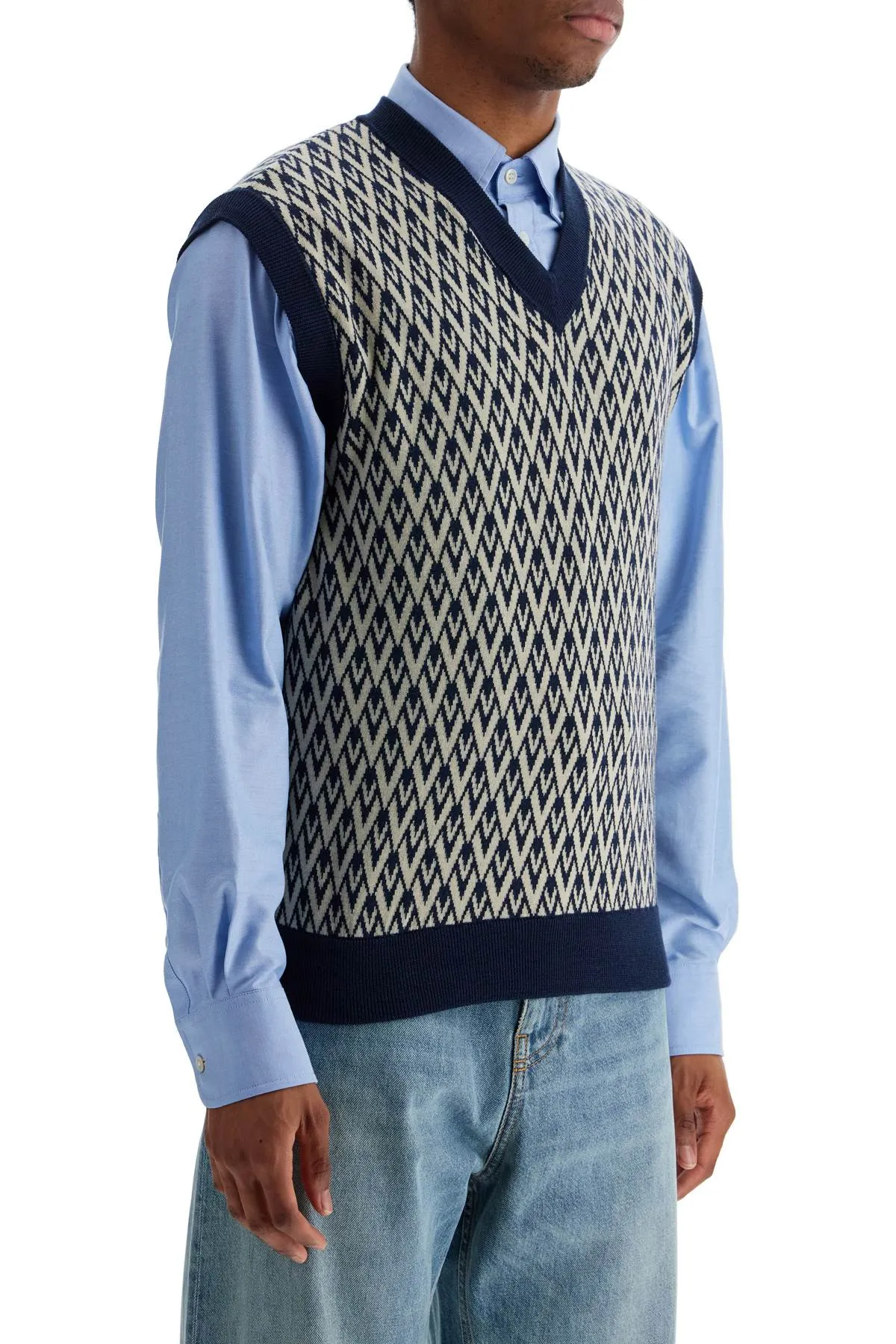 men's navy virgin wool vest with pattern 6V3KC33JAR0 TOUTE LA V NAVY/CREMA