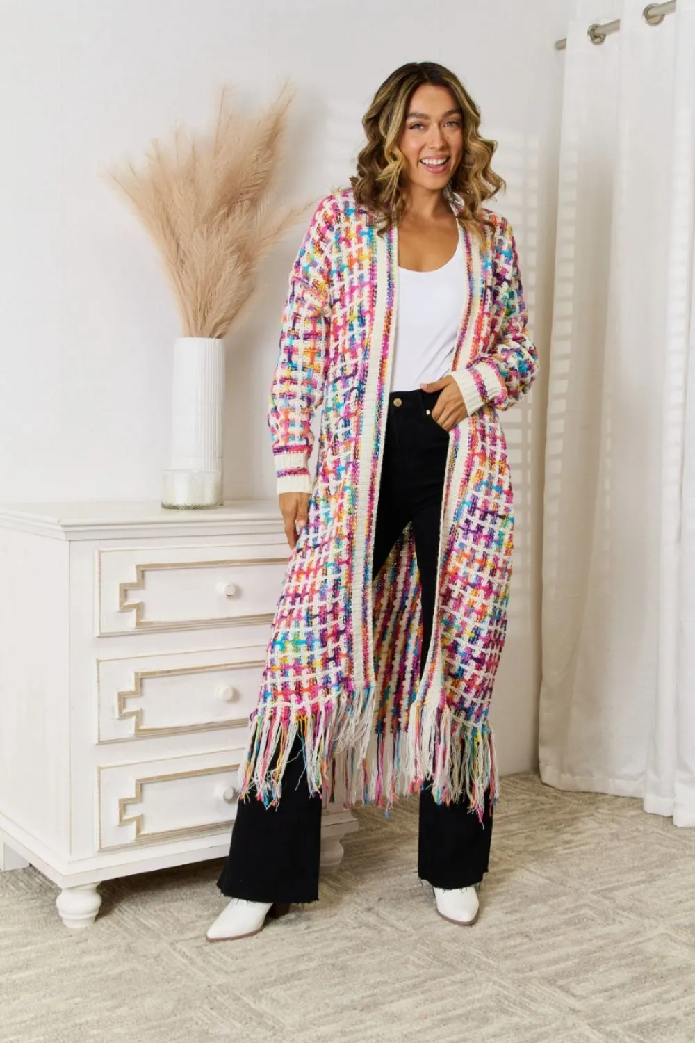 Multicolored Open Front Long Cardigan