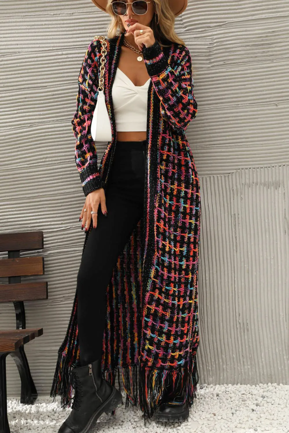Multicolored Open Front Long Cardigan