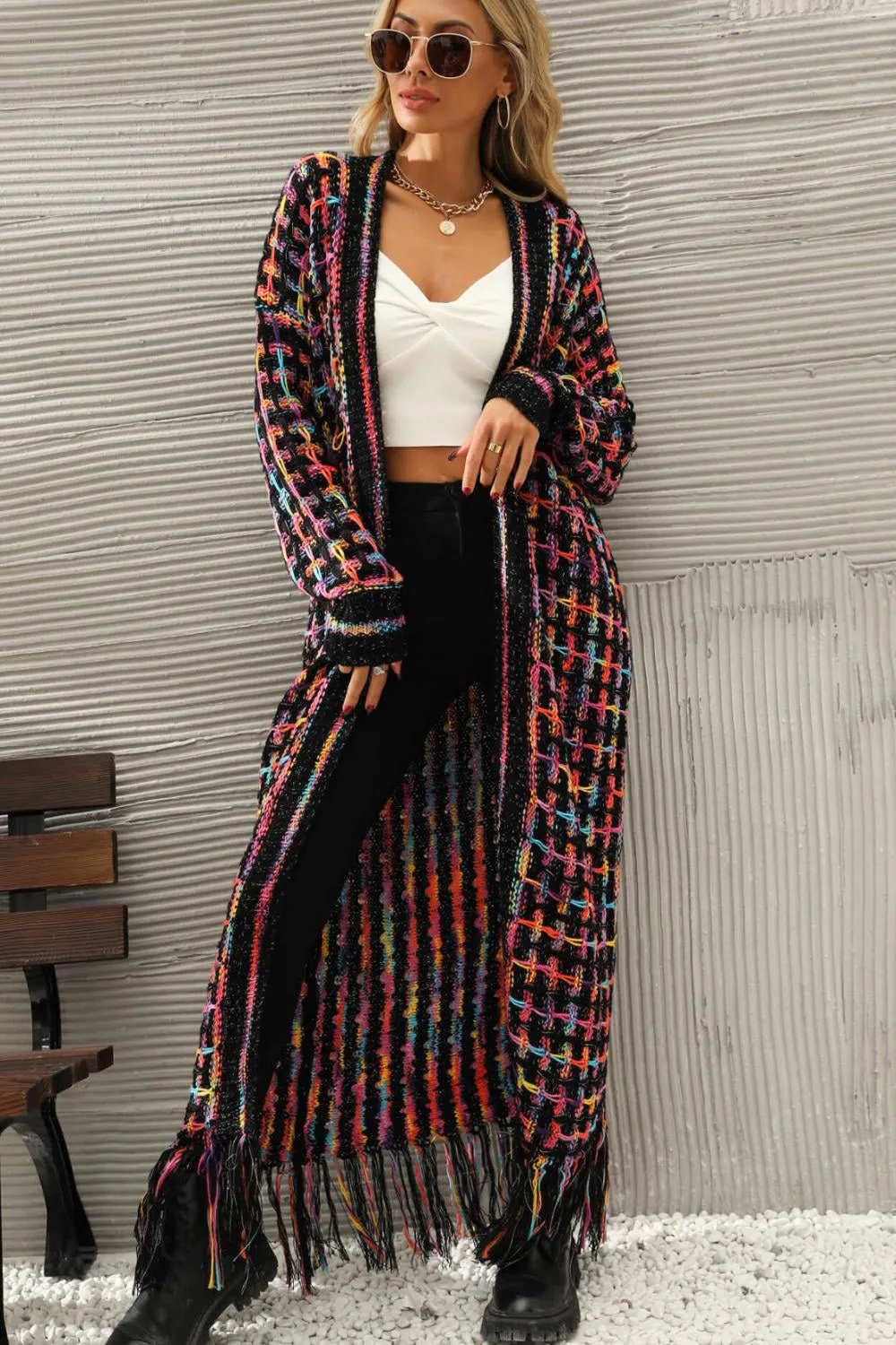 Multicolored Open Front Long Cardigan