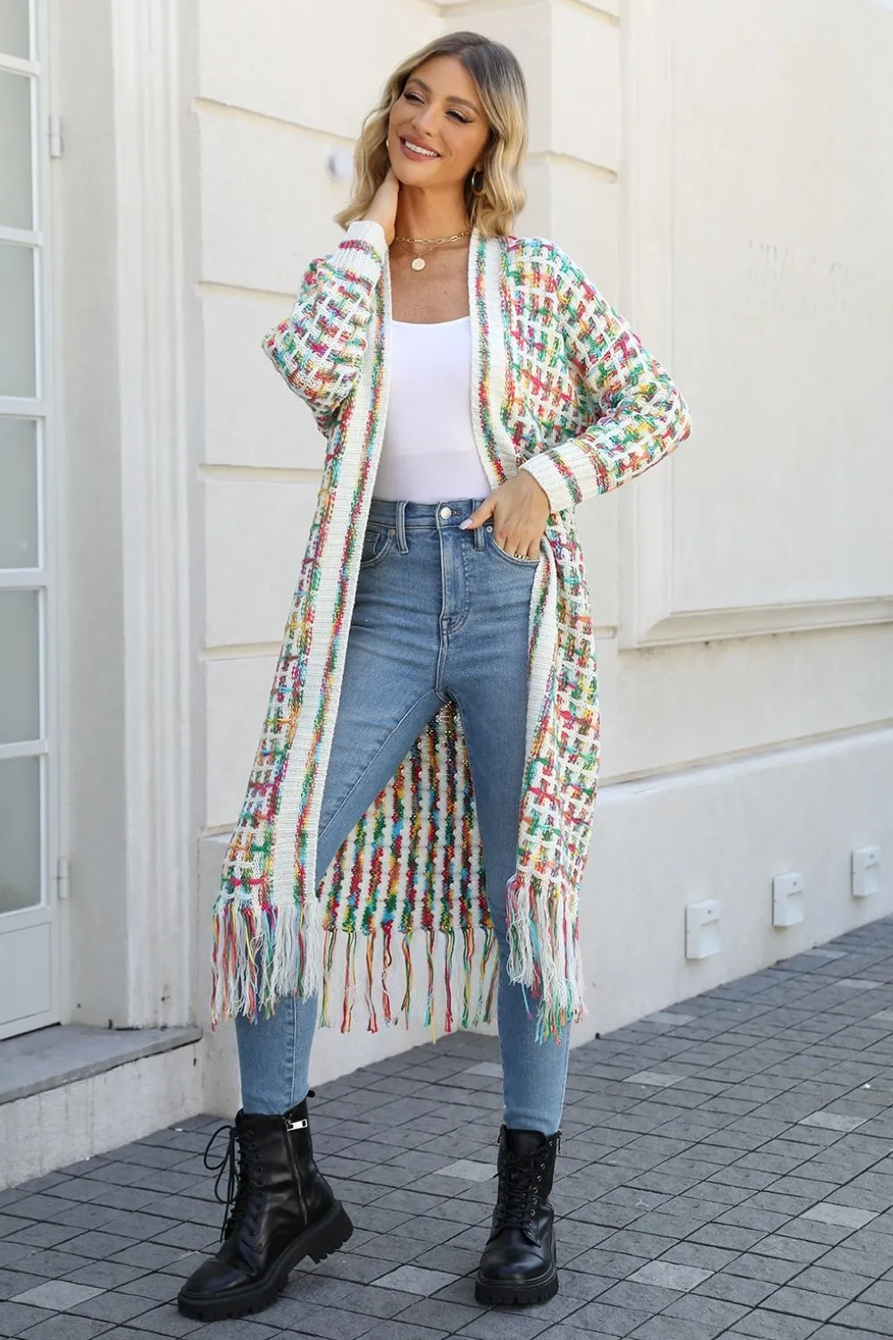 Multicolored Open Front Long Cardigan