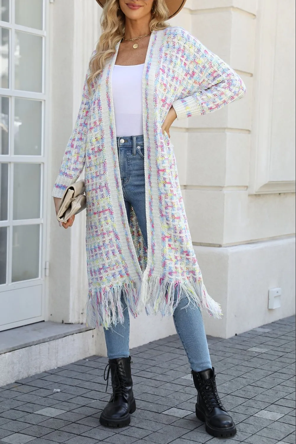 Multicolored Open Front Long Cardigan
