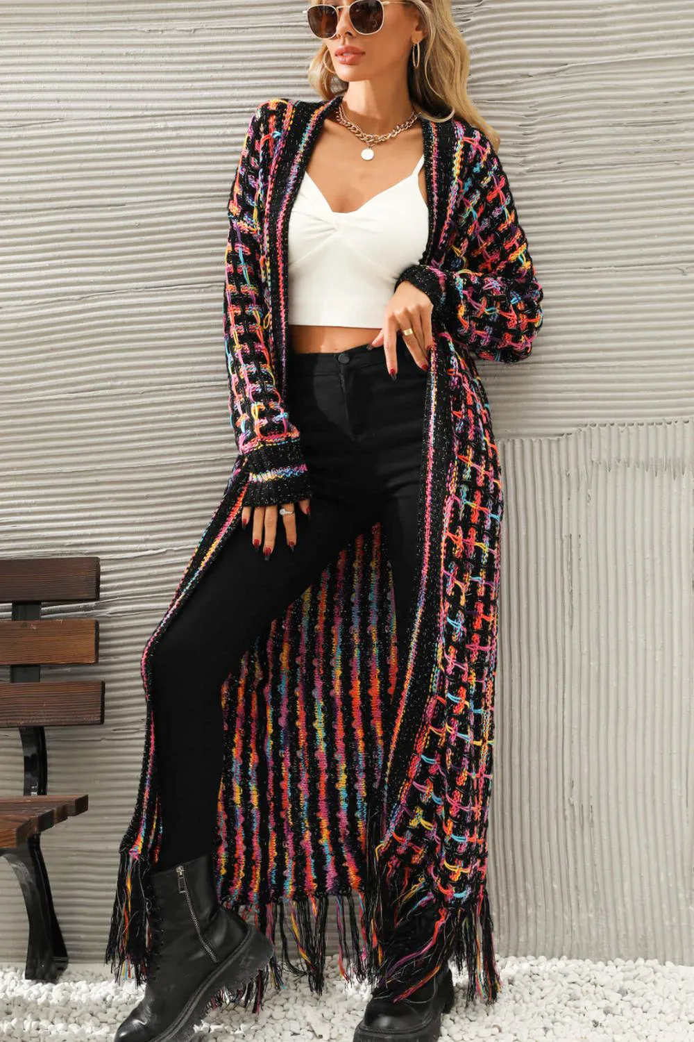 Multicolored Open Front Long Cardigan