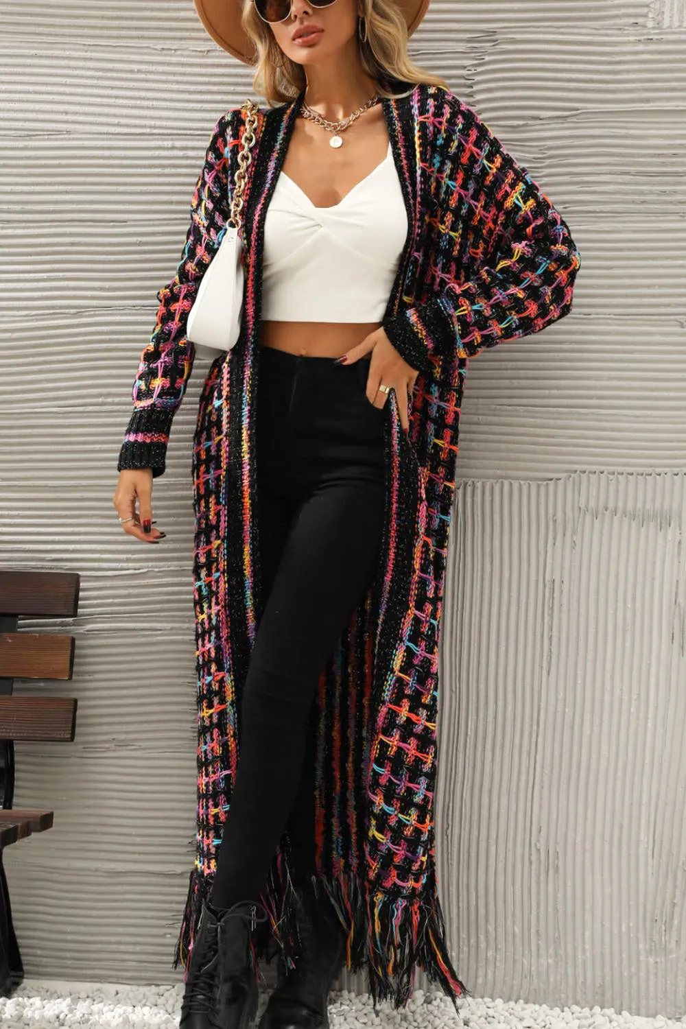 Multicolored Open Front Long Cardigan