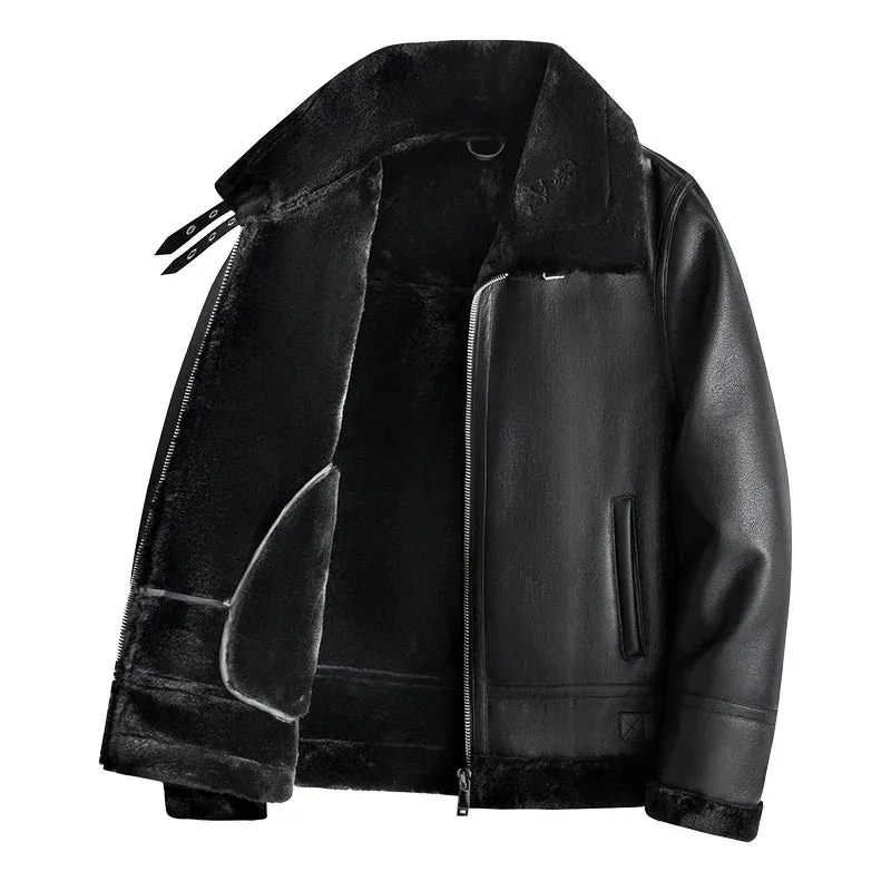 New Leather Jackets Warm Double Padded Coat Men Luxury Fur Lamb Wool Leather Jacket