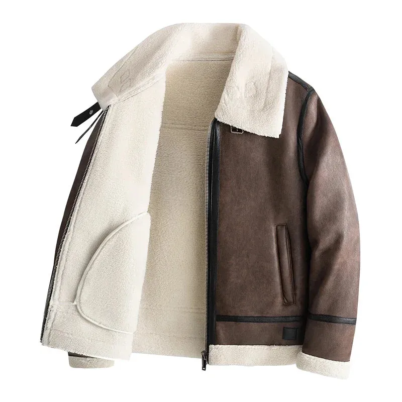 New Leather Jackets Warm Double Padded Coat Men Luxury Fur Lamb Wool Leather Jacket