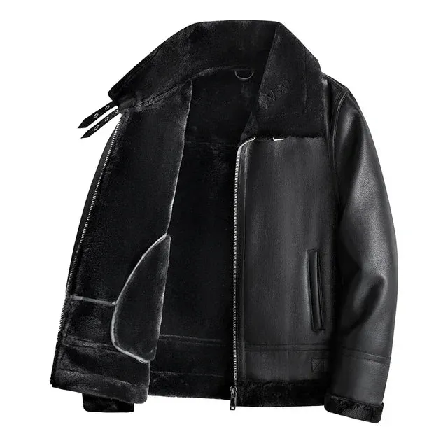 New Leather Jackets Warm Double Padded Coat Men Luxury Fur Lamb Wool Leather Jacket