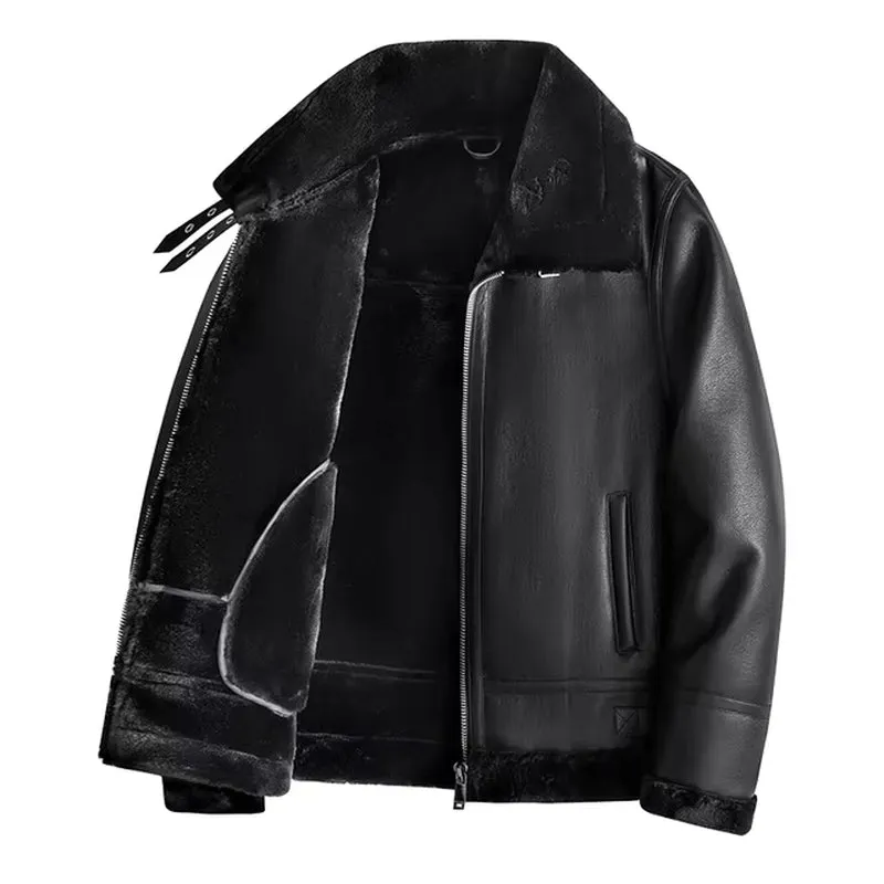 New Leather Jackets Warm Double Padded Coat Men Luxury Fur Lamb Wool Leather Jacket