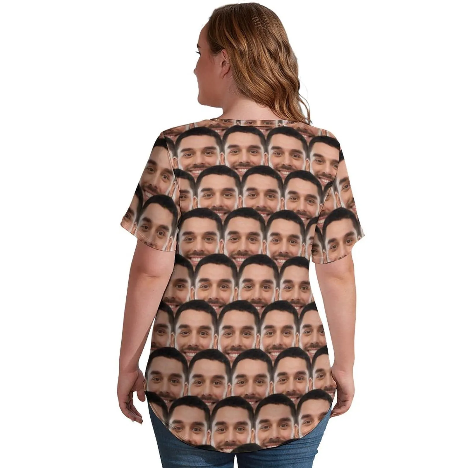 #Plus Size T-shirt-Custom Face Seamless Boyfriend Plus Size V Neck T-shirt for Her Design Your Own Shirt Gift