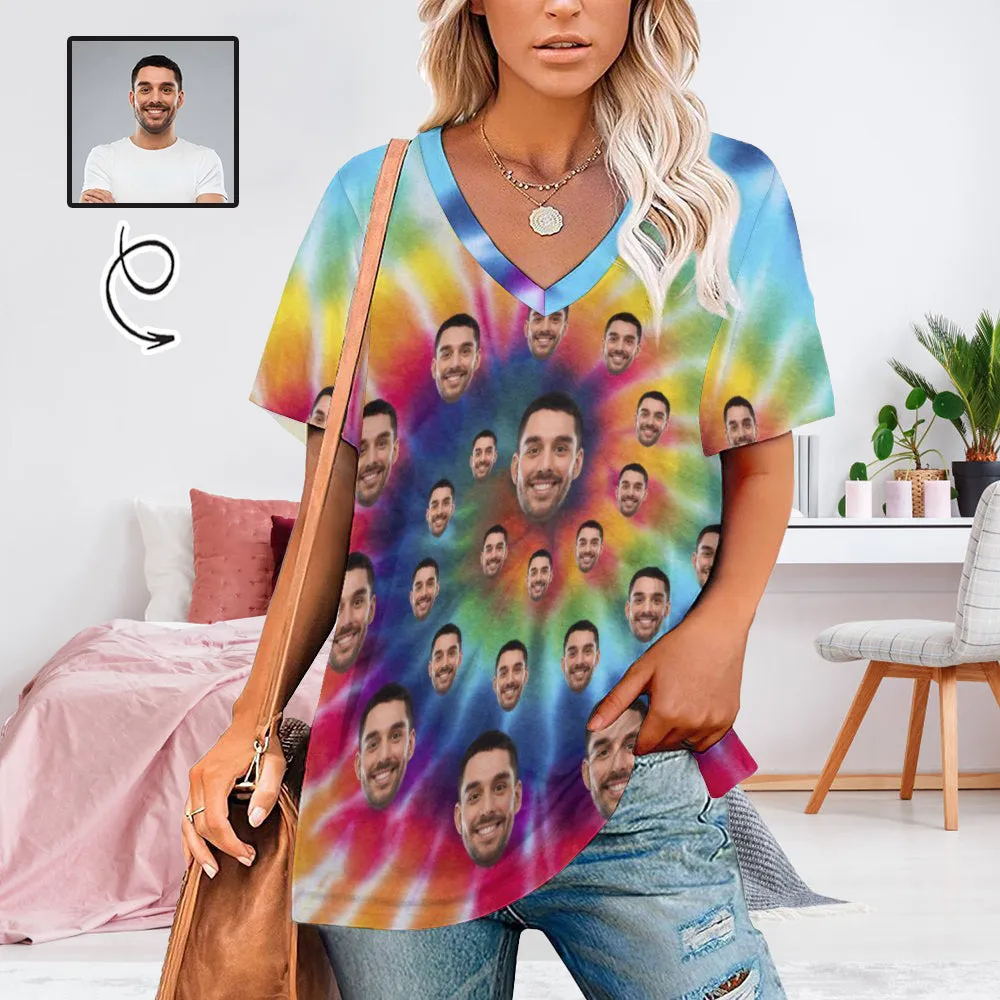 #Plus Size T-shirt-Custom Face Seamless Boyfriend Plus Size V Neck T-shirt for Her Design Your Own Shirt Gift
