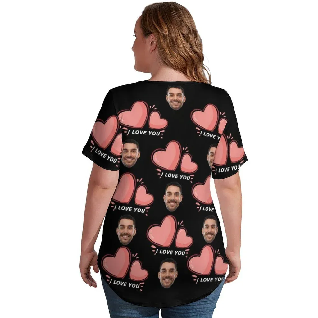 #Plus Size T-shirt-Custom Face Seamless Boyfriend Plus Size V Neck T-shirt for Her Design Your Own Shirt Gift