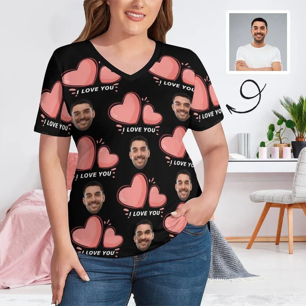 #Plus Size T-shirt-Custom Face Seamless Boyfriend Plus Size V Neck T-shirt for Her Design Your Own Shirt Gift