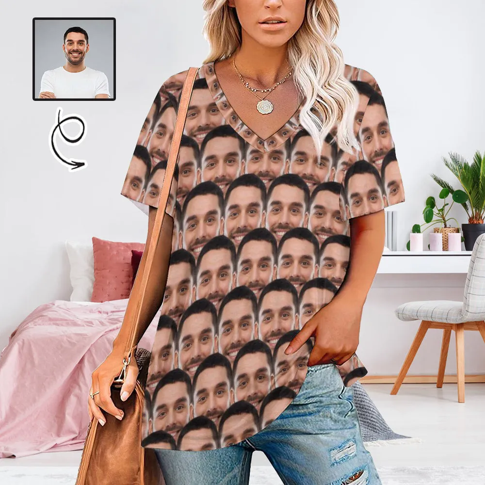 #Plus Size T-shirt-Custom Face Seamless Boyfriend Plus Size V Neck T-shirt for Her Design Your Own Shirt Gift