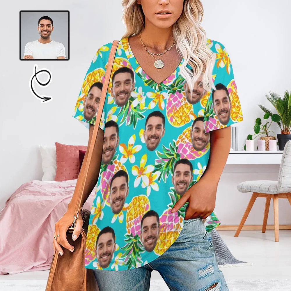 #Plus Size T-shirt-Custom Face Seamless Boyfriend Plus Size V Neck T-shirt for Her Design Your Own Shirt Gift