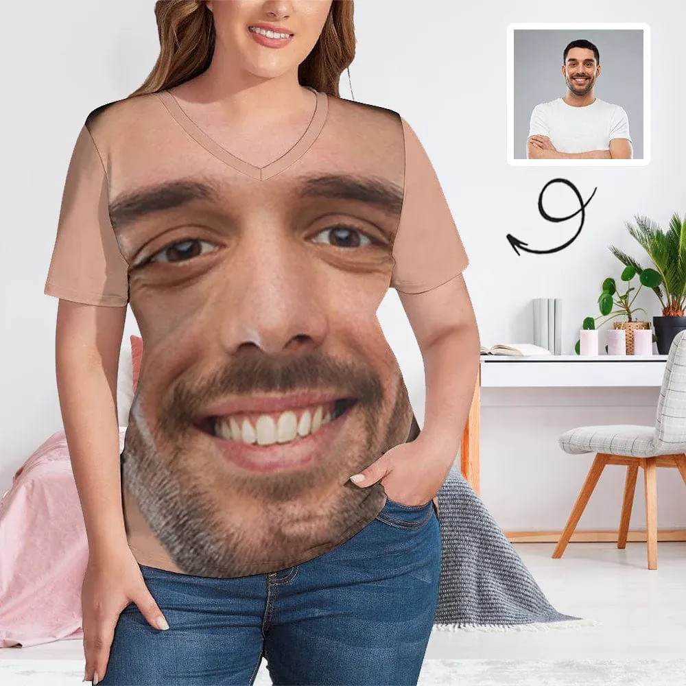 #Plus Size T-shirt-Custom Face Seamless Boyfriend Plus Size V Neck T-shirt for Her Design Your Own Shirt Gift