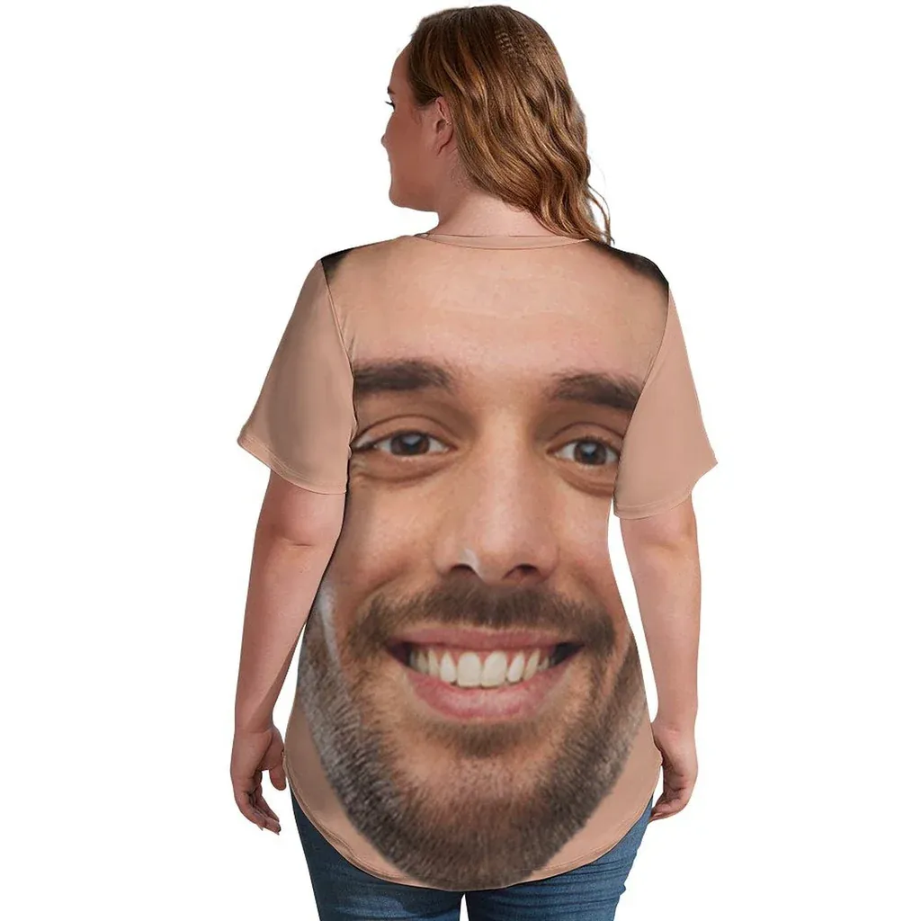 #Plus Size T-shirt-Custom Face Seamless Boyfriend Plus Size V Neck T-shirt for Her Design Your Own Shirt Gift