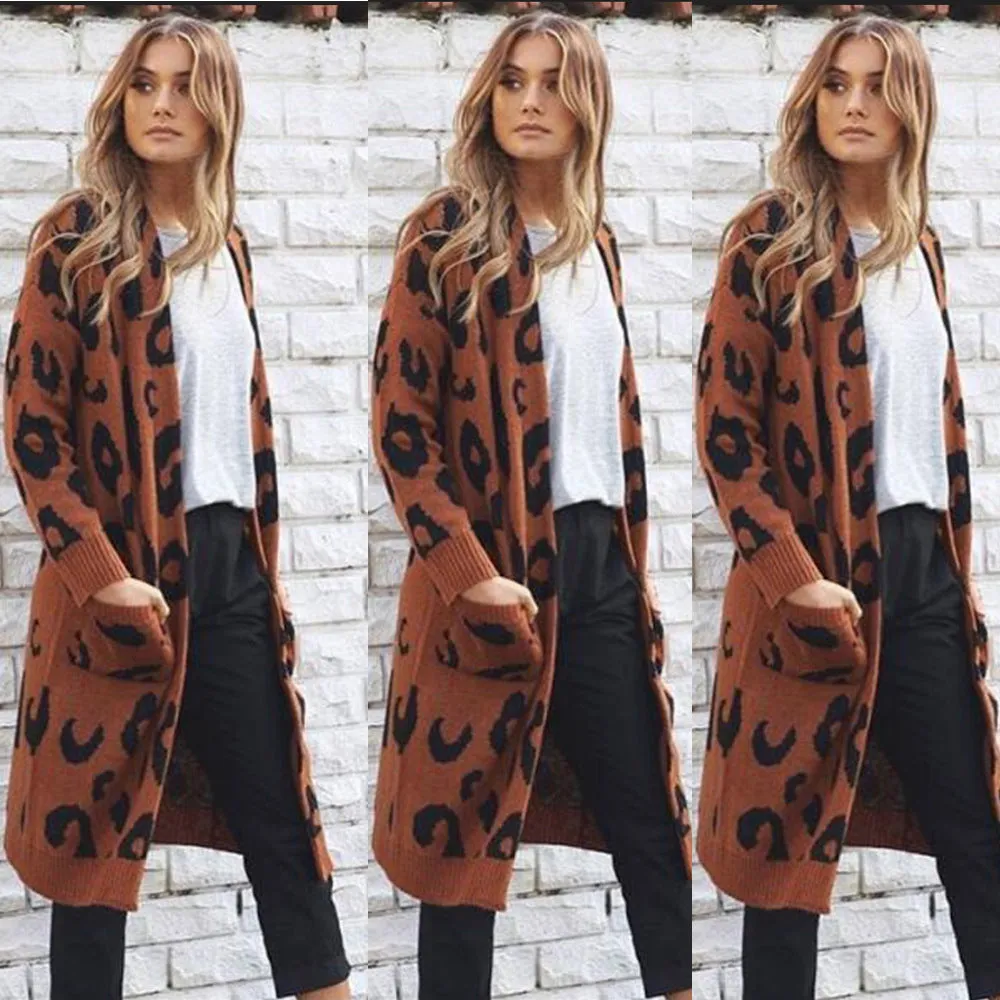 Print Loose Pockets Women Oversized Cardigan Sweater