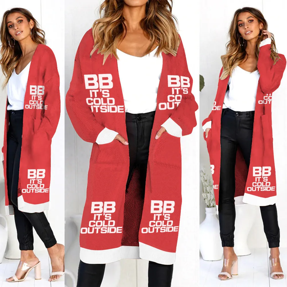 Print Loose Pockets Women Oversized Cardigan Sweater