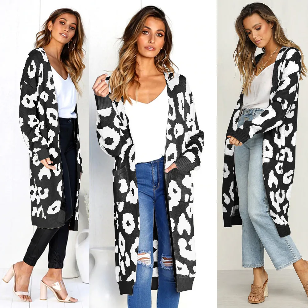 Print Loose Pockets Women Oversized Cardigan Sweater