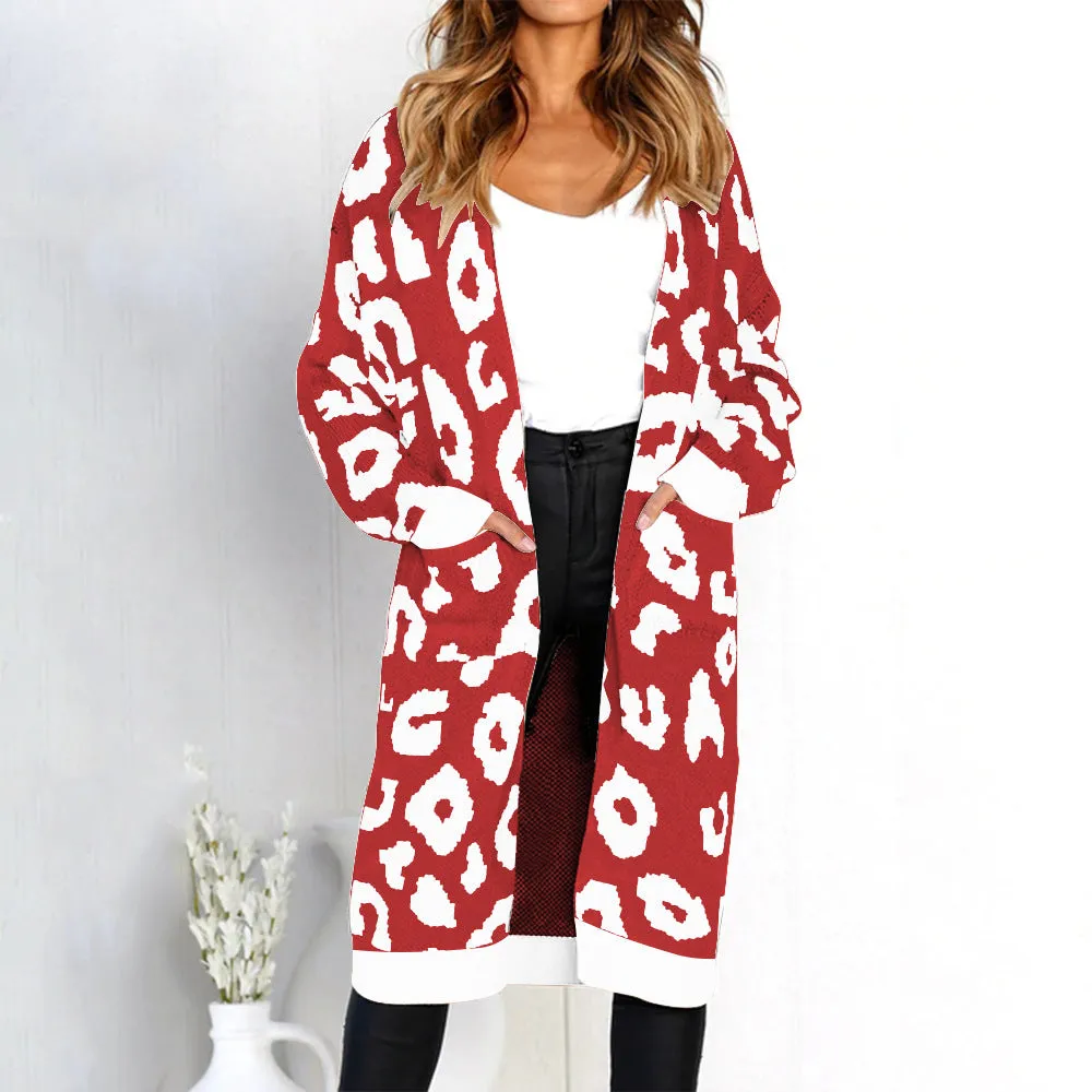 Print Loose Pockets Women Oversized Cardigan Sweater