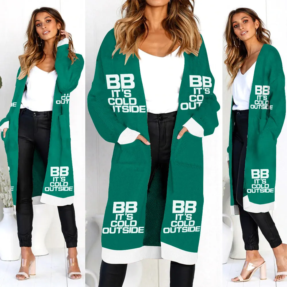 Print Loose Pockets Women Oversized Cardigan Sweater