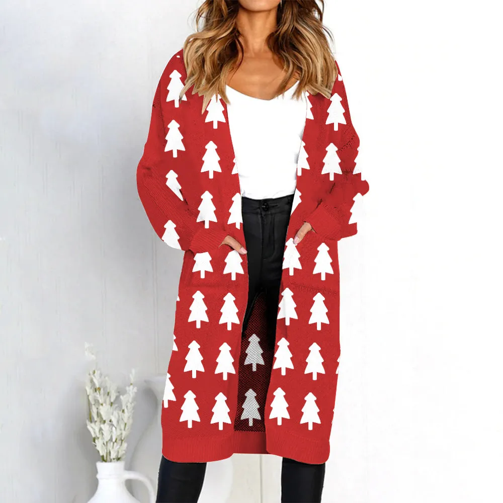 Print Loose Pockets Women Oversized Cardigan Sweater