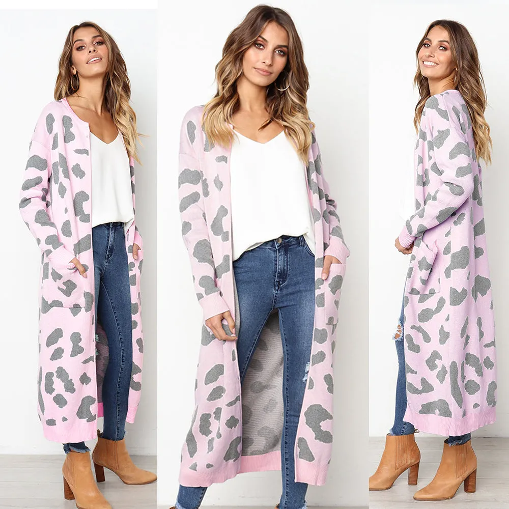 Print Loose Pockets Women Oversized Cardigan Sweater