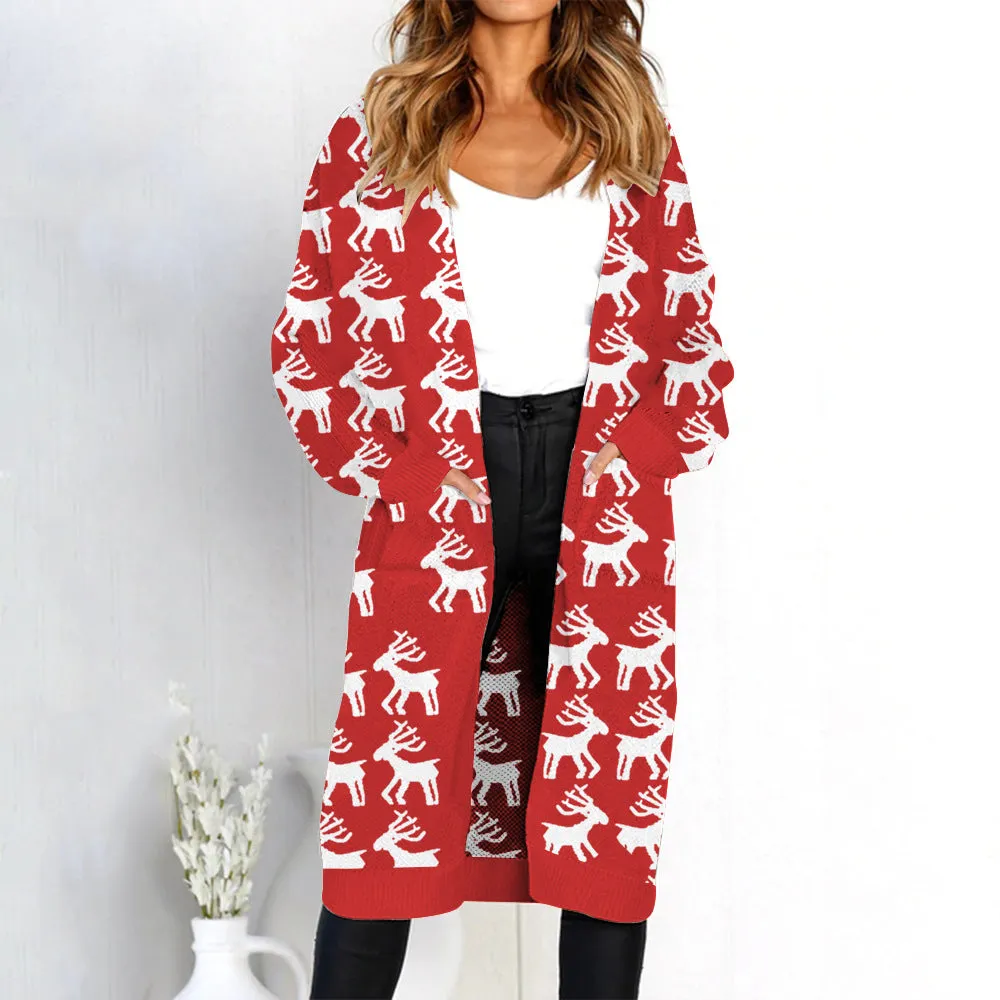 Print Loose Pockets Women Oversized Cardigan Sweater